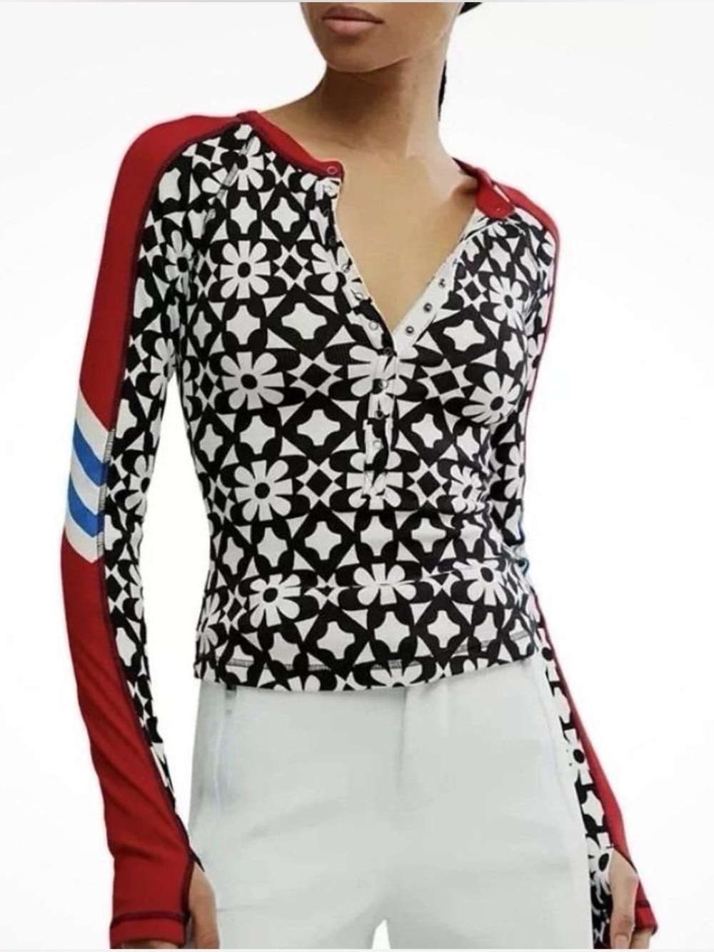 Free people Black & White Floral Henley with Red Sleeve Accents